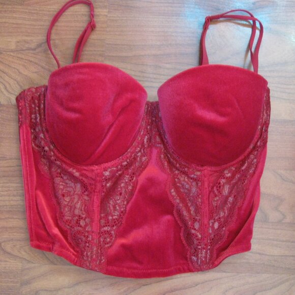 Victoria's Secret Other - VICTORIA'S SECRET Velvet Red Gold Lace Corset Bustier Boned 34D Gypsy VTG Y2K